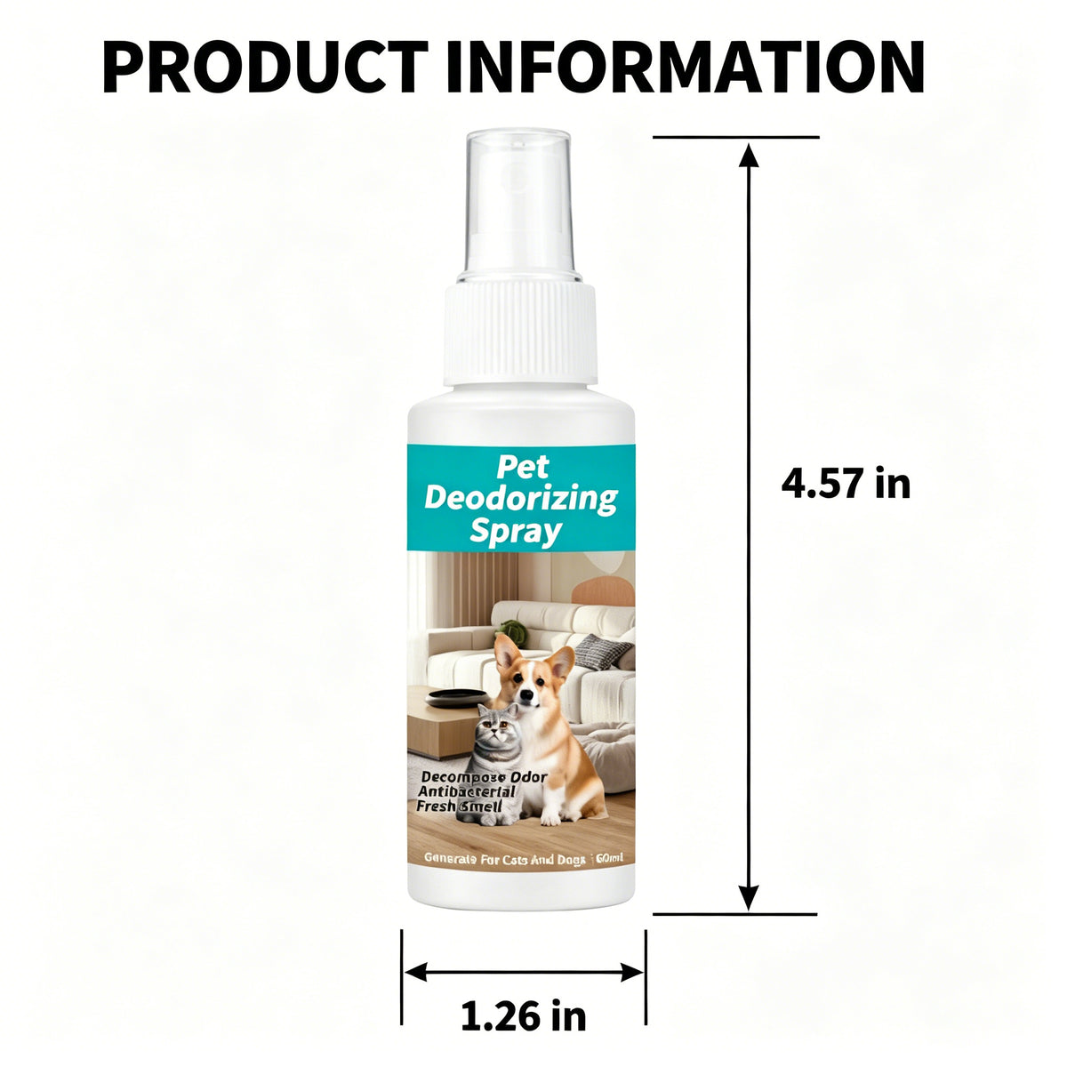 Pet Deodorizing Spray for Dogs & Cats, 60ml Portable Odor Eliminator, Natural Formula Safe for Pets & Home