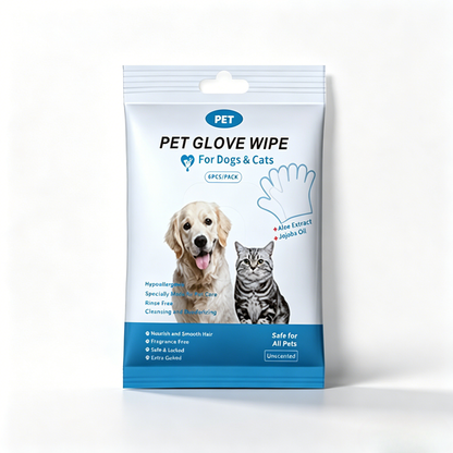 Pet Grooming Glove Wipes, 6 Count Rinse-Free Disposable Bath Gloves for Dogs & Cats