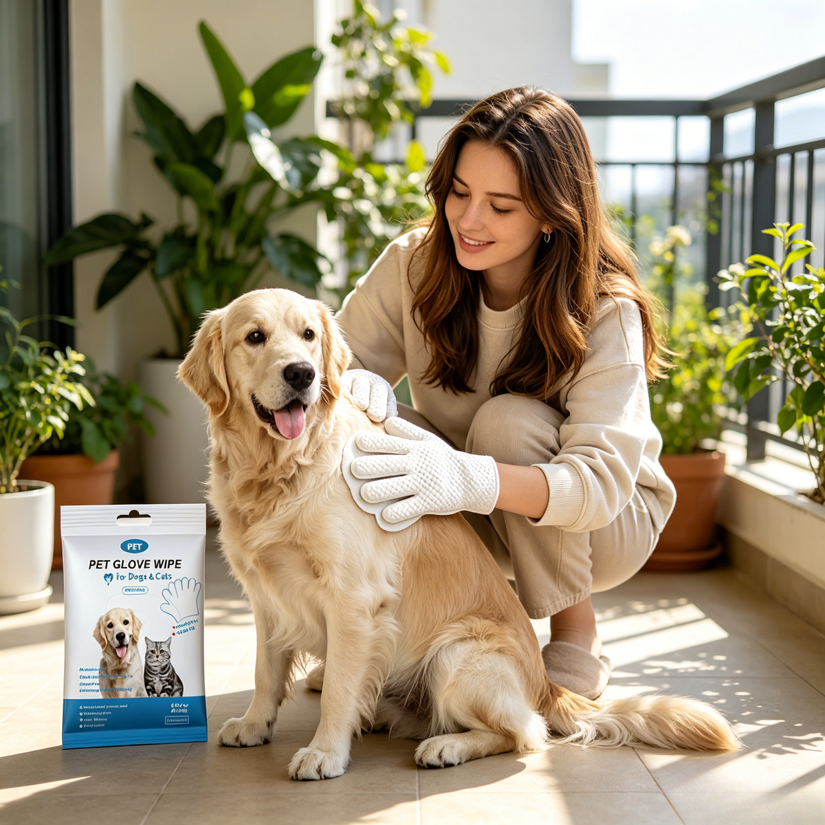 Pet Grooming Glove Wipes, 6 Count Rinse-Free Disposable Bath Gloves for Dogs & Cats