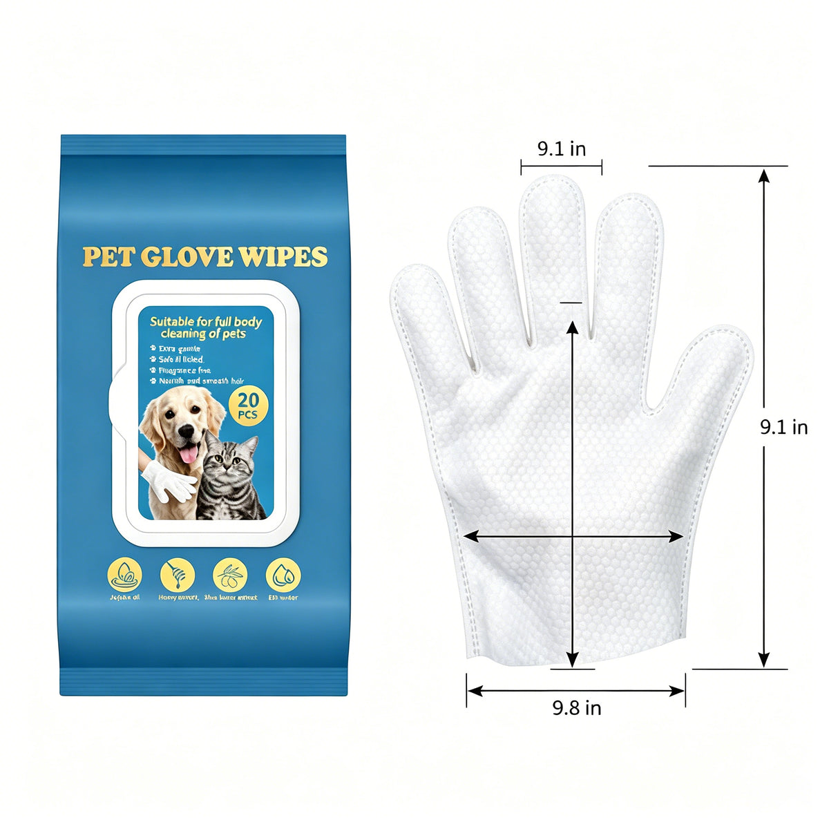 Pet Grooming Glove Wipes, 20 Count Rinse-Free Disposable Bath Gloves for Dogs, Cats & Rabbits