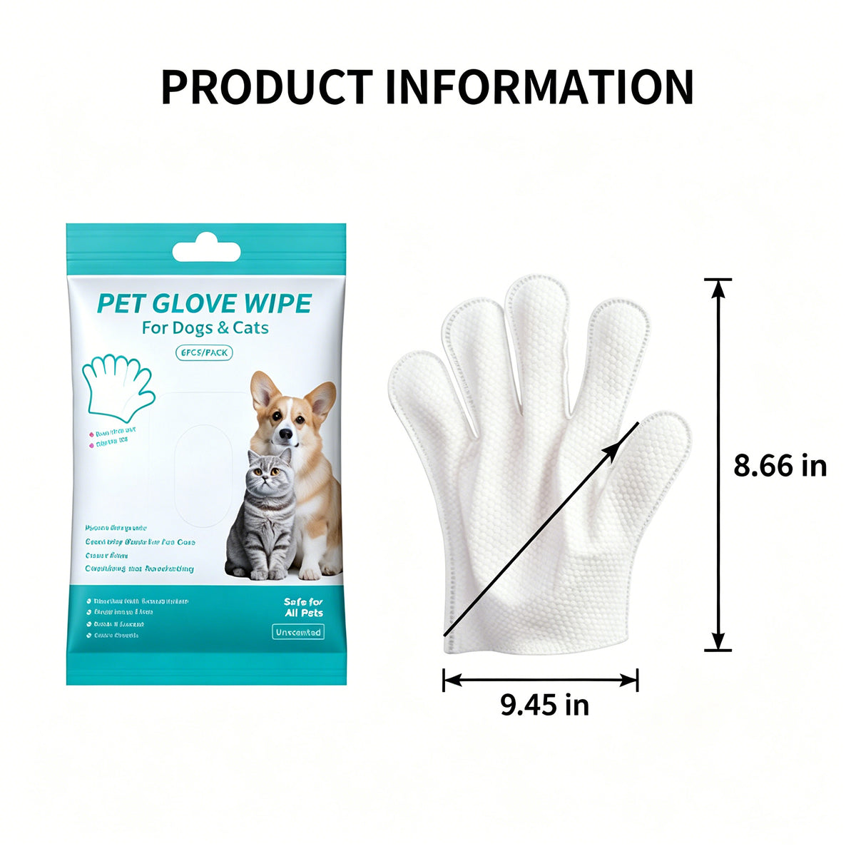 Disposable Pet Cleaning Glove Wipes (6 Count) — Rinse-Free Dog & Cat Bath Alternative, Gentle Deodorizing & Hair-Smoothing, Fragrance-Free, Safe If Licked