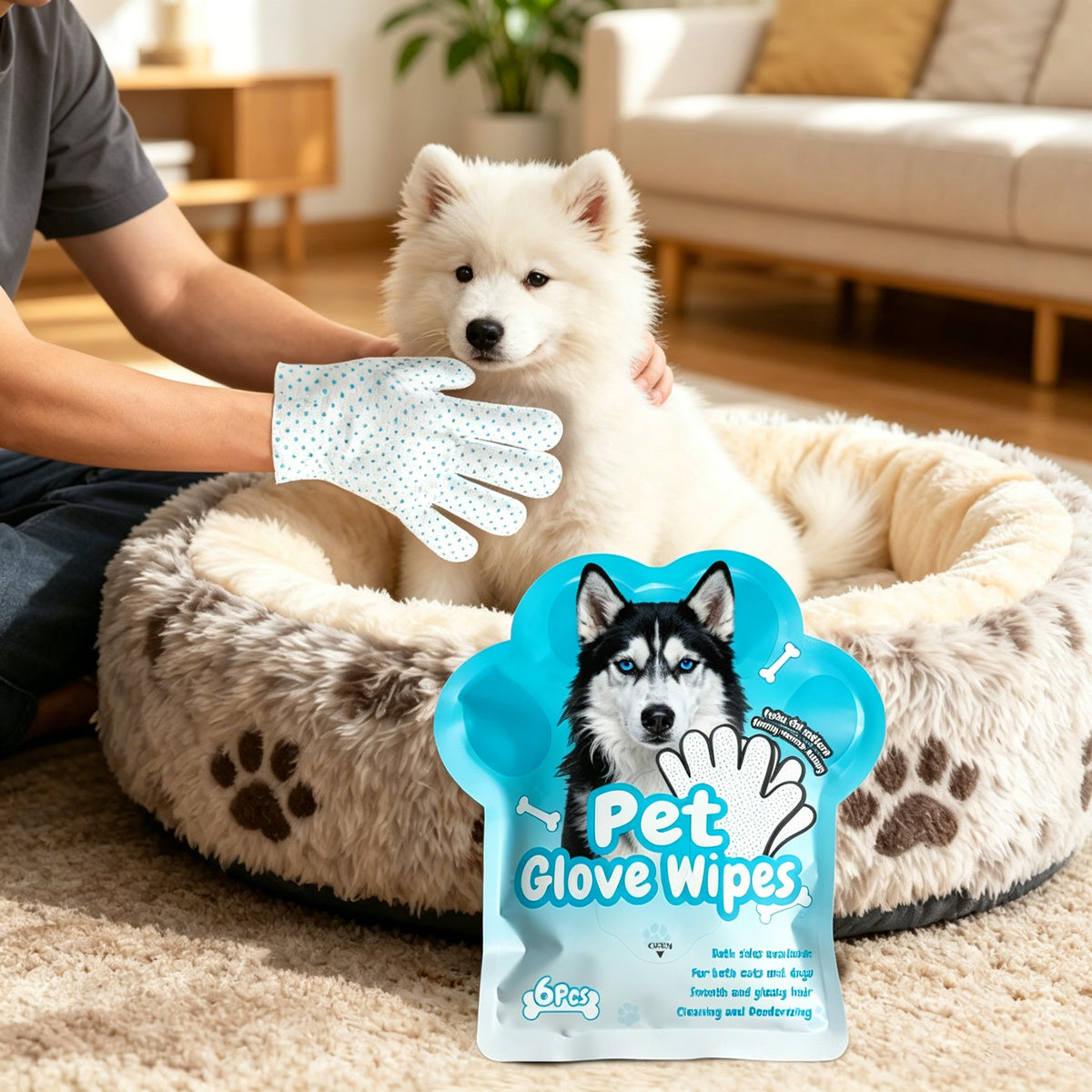 Pet Glove Wipes for Dogs & Cats, 6 Count — Rinse-Free Deodorizing Bath Alternative