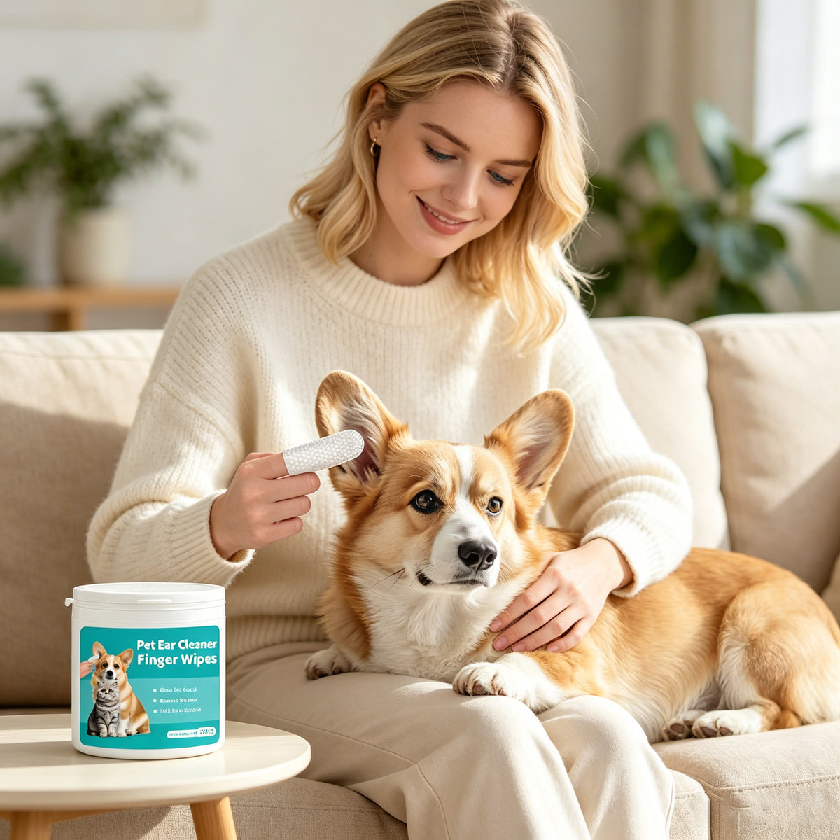 Pet Ear Cleaner Finger Wipes for Dogs & Cats, 50 Count Pre-Moistened Finger Pads, Gentle Ear Wax and Dirt Remover, Alcohol-Free Formula