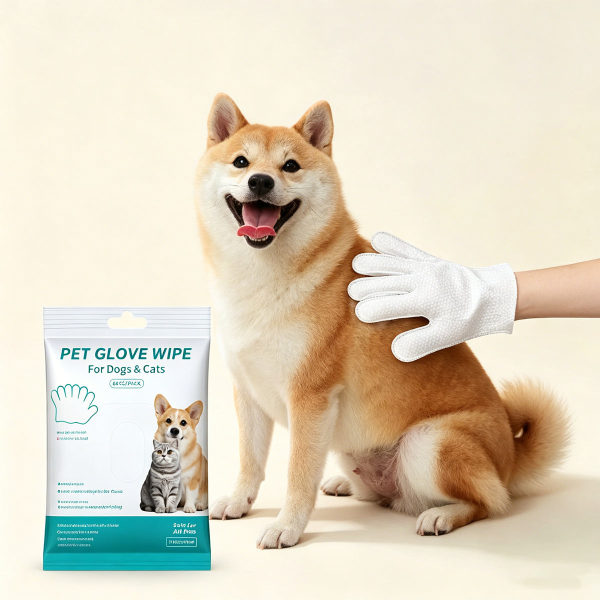 Disposable Pet Cleaning Glove Wipes (6 Count) — Rinse-Free Dog & Cat Bath Alternative, Gentle Deodorizing & Hair-Smoothing, Fragrance-Free, Safe If Licked