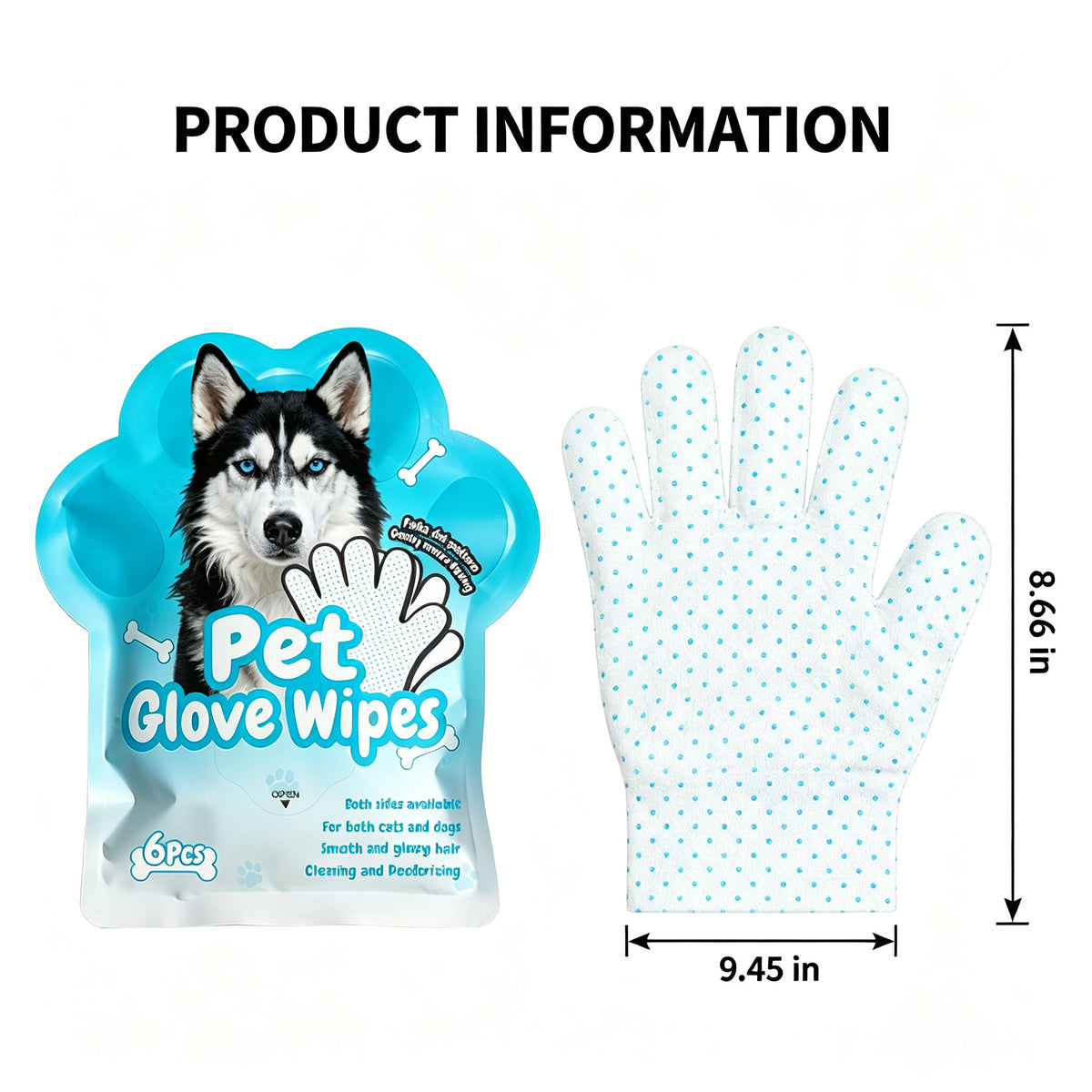 Pet Glove Wipes for Dogs & Cats, 6 Count — Rinse-Free Deodorizing Bath Alternative