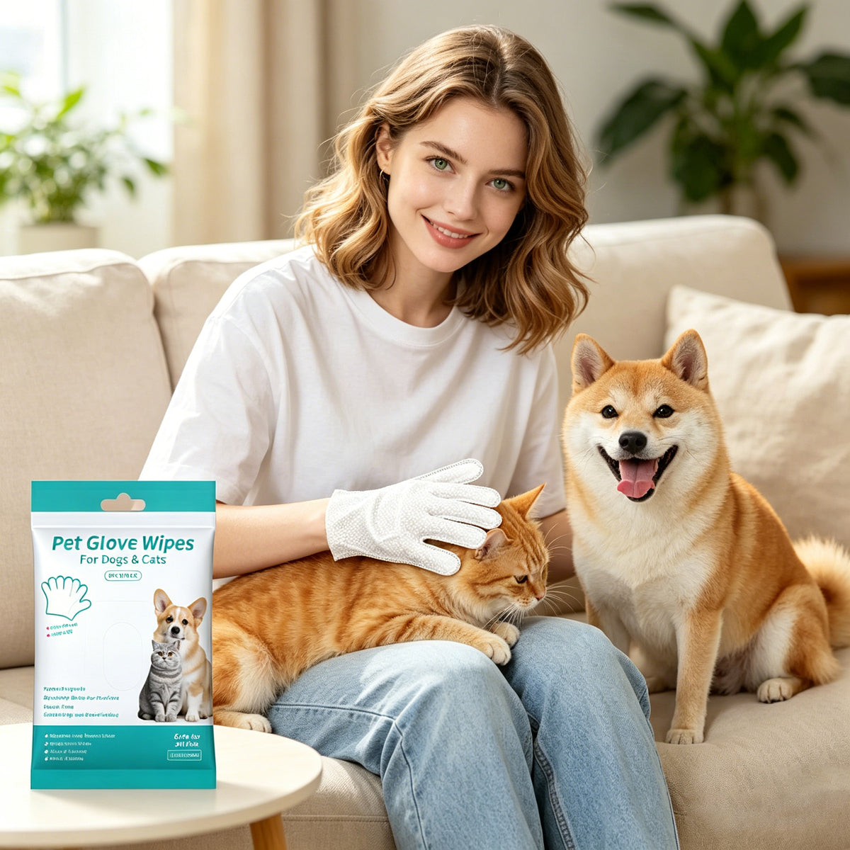Disposable Pet Cleaning Glove Wipes (6 Count) — Rinse-Free Dog & Cat Bath Alternative, Gentle Deodorizing & Hair-Smoothing, Fragrance-Free, Safe If Licked