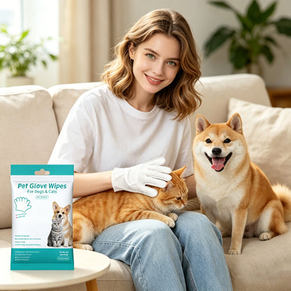 Disposable Pet Cleaning Glove Wipes (6 Count) — Rinse-Free Dog & Cat Bath Alternative, Gentle Deodorizing & Hair-Smoothing, Fragrance-Free, Safe If Licked