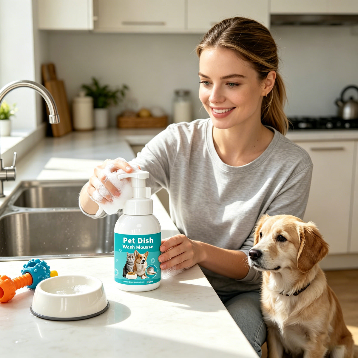Pet Dish Wash Mousse for Dogs & Cats, 300ml Foaming Cleaner for Pet Bowls, Toys, Water Dispensers and Food Storage, Lick-Safe Formula