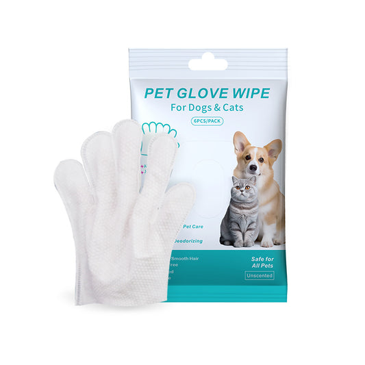 Disposable Pet Cleaning Glove Wipes (6 Count) — Rinse-Free Dog & Cat Bath Alternative, Gentle Deodorizing & Hair-Smoothing, Fragrance-Free, Safe If Licked